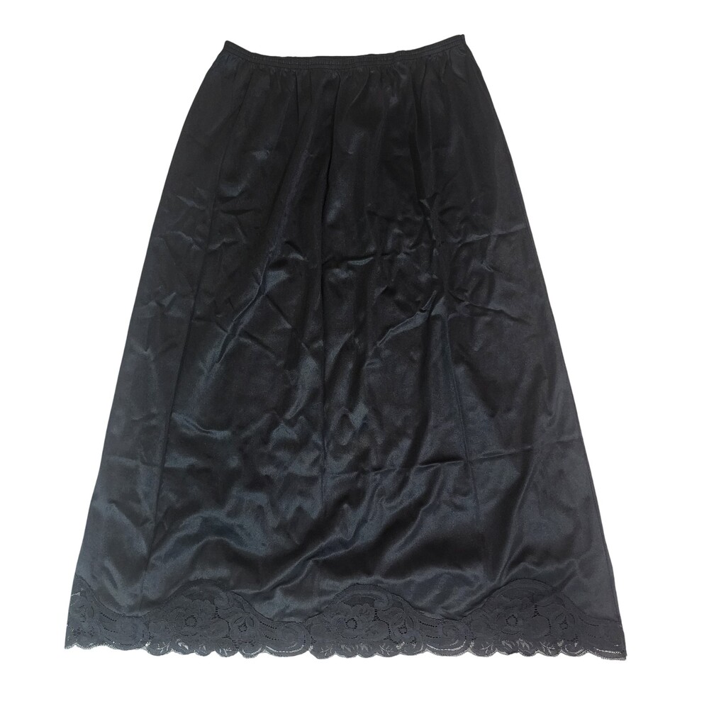 Vintage Vanity Fair Womens Slip Skirt S Black Nylon Lingerie Lace Satin #2215